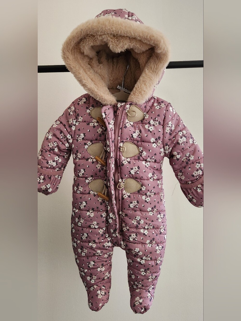Nicole Miller Baby Floral Puffer One-Piece Snowsuit in Dusty Purple